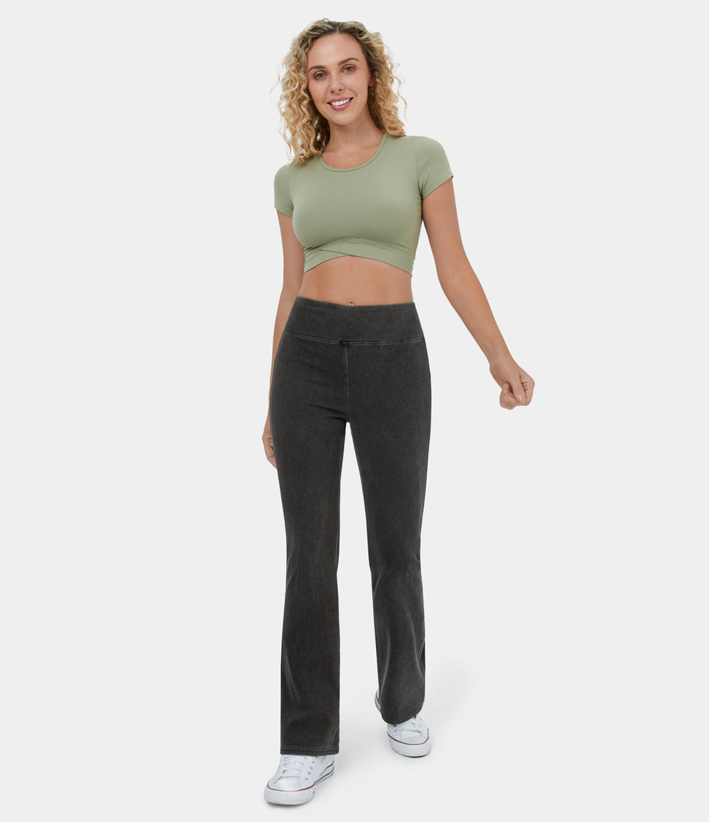 Jean décontracté bootcut HalaraMagic™ taille haute en maille extensible délavée avec poche arrière