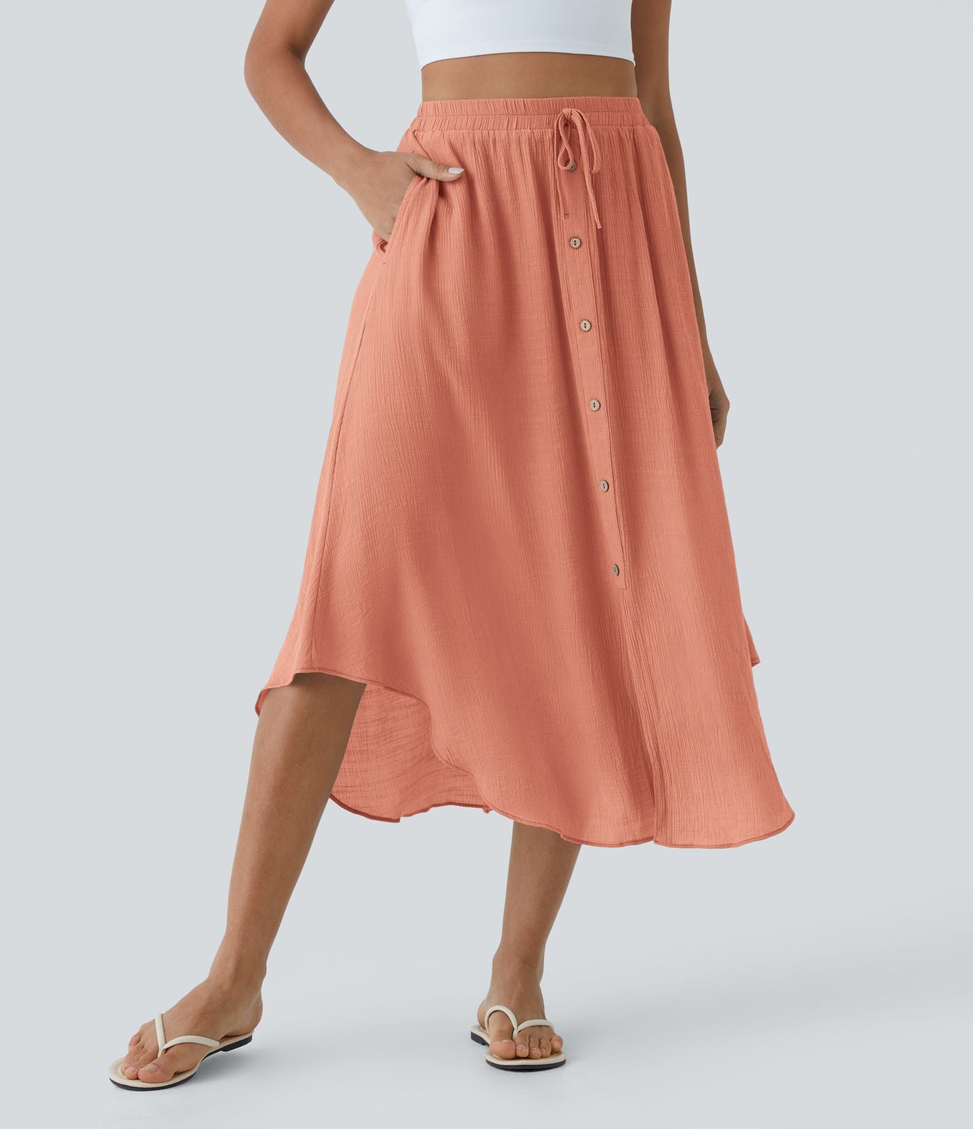 Jupe Midi Fluide Taille Haute Cordon de Serrage Boutonnés Poches Latérales