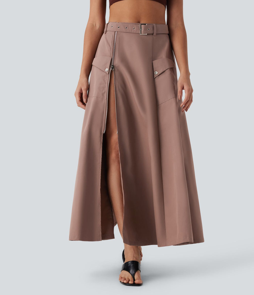 Jupe longue décontractée taille mi-haute avec ceinture fermeture éclair fente et poches latérales