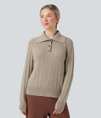 Pull laine mélangée col tailleur manches longues torsadé coupe décontractée