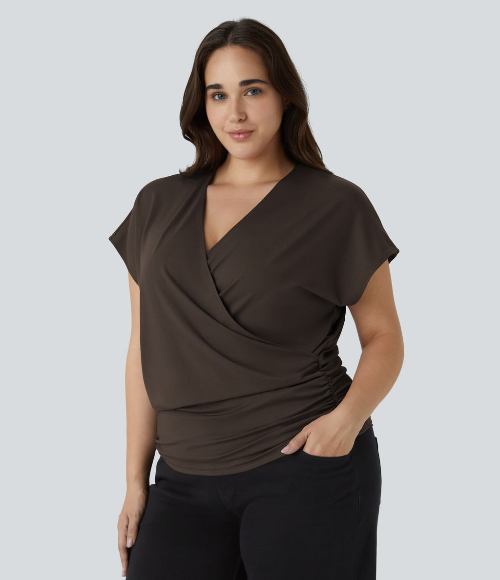 Blouse Travail Unie Froncée Croisée Manches Courtes Col en V Grande Taille