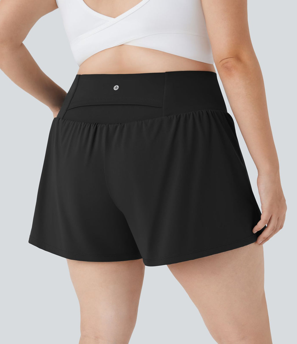 Short Yoga 10cm Plus Longue Taille Ultra Haute 2 en 1 Poche Arrière Poche Cachée Latérale Grande Taille