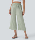 Pantalon décontracté aspect lin 7/8 à taille haute, jambe large avec cordon de serrage et poches latérales