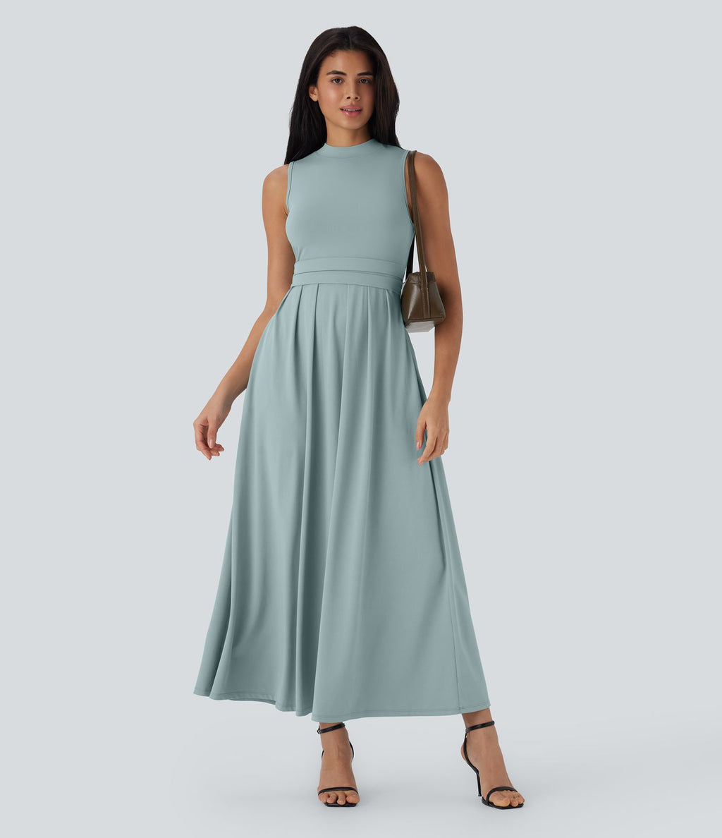 Robe longue décontractée sans manches à col montant, coupe évasée et poches latérales