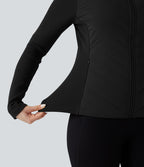 Veste matelassée décontractée à col montant et coupe ajustée, côtelée et contrastée, avec poches