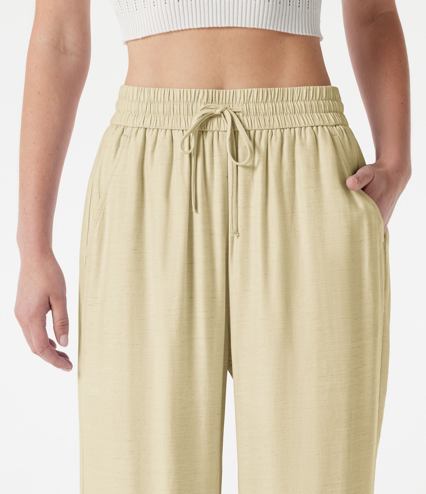 Pantalon large 2-en-1 casual en mélange de lin taille haute avec cordon et poches