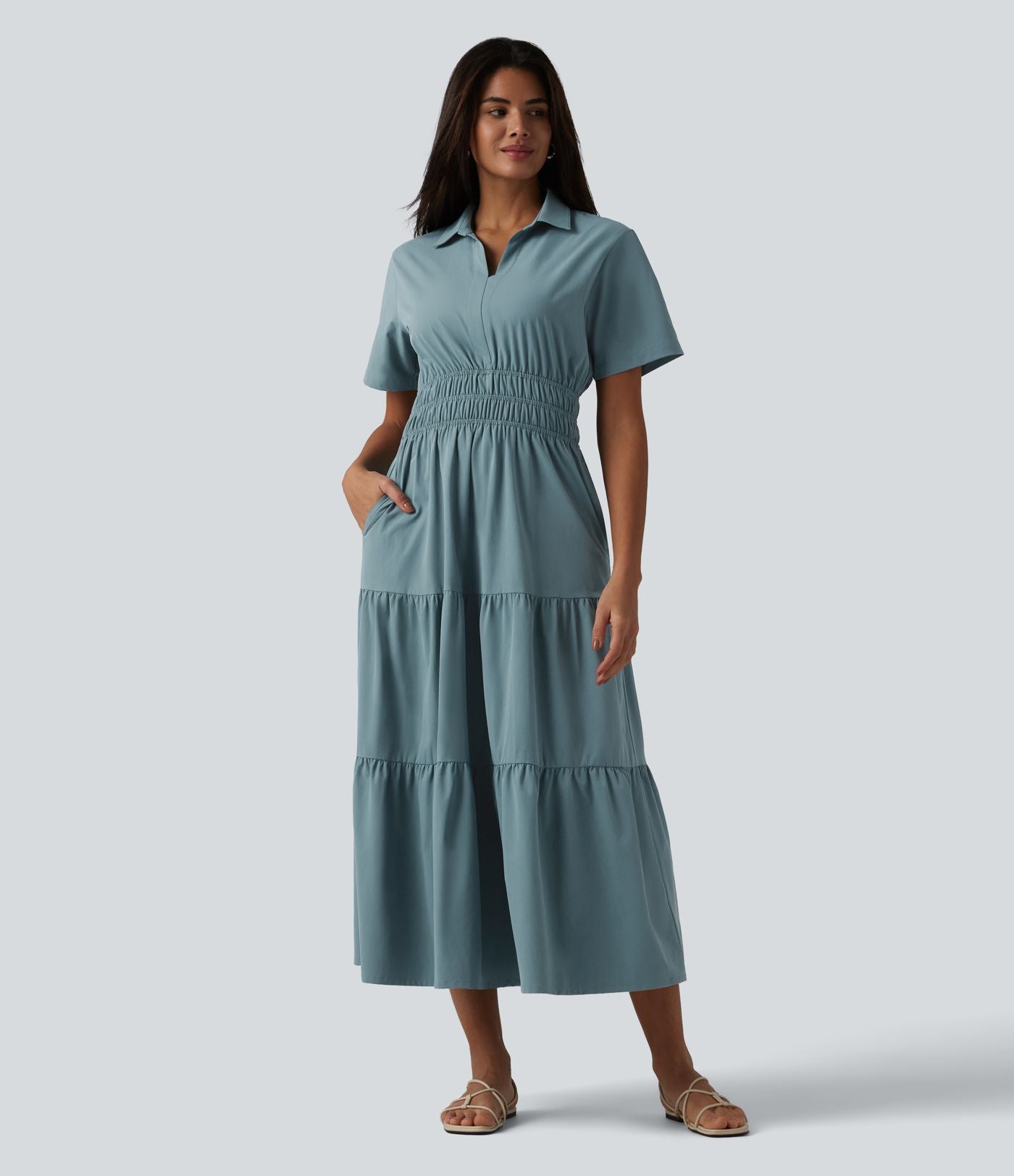 Robe-chemise midi fluide et décontractée en popeline extensible à manches courtes et poches