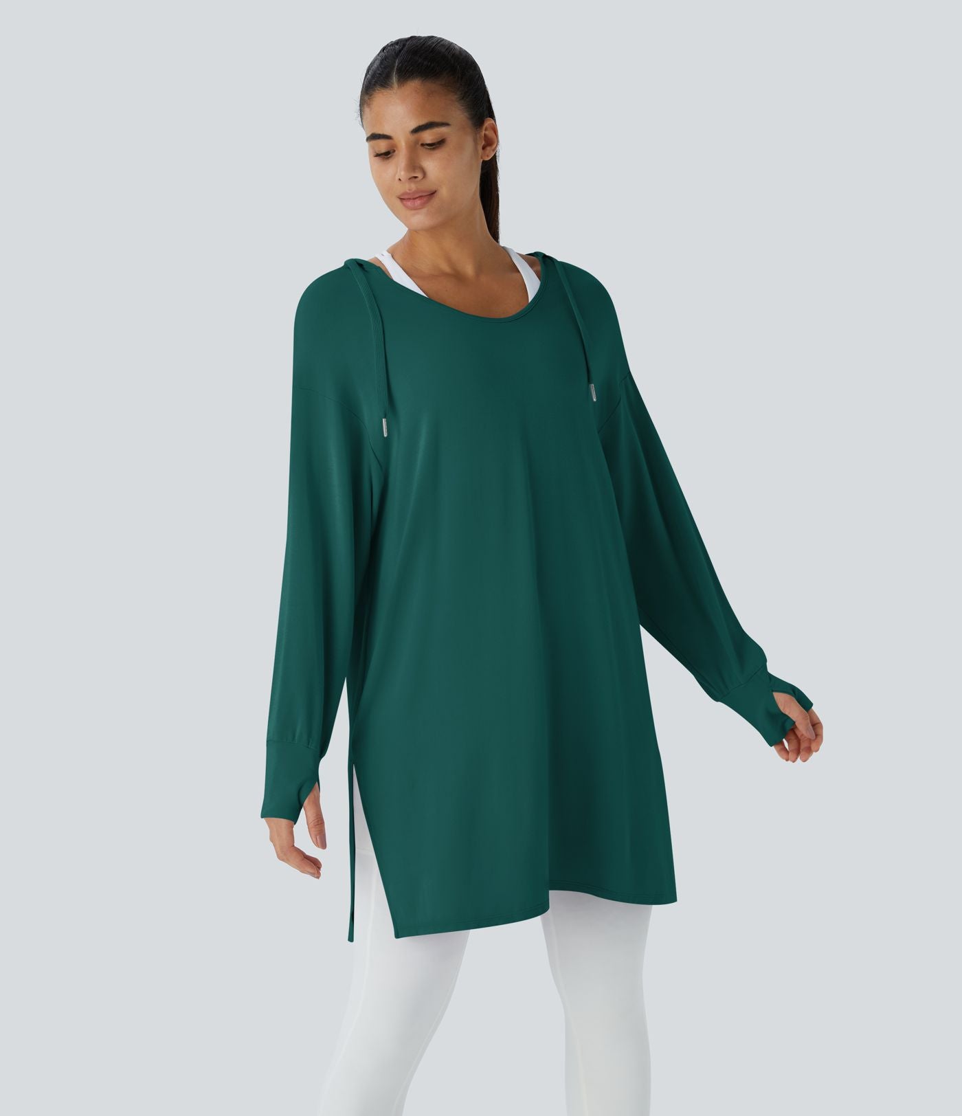 Sweatshirt Casual à Capuche Encolure en V Cordon de Serrage Trou pour le Pouce Fente et Coupe Longue