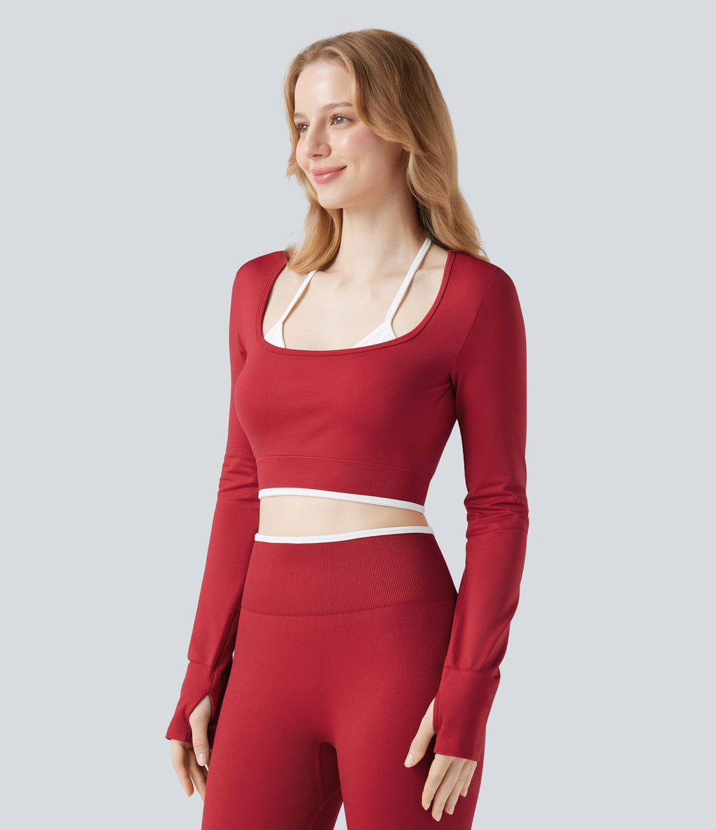 Haut de sport yoga court dos nu à manches longues avec passants pouces et blocs de couleurs sans coutures Seamless Flow
