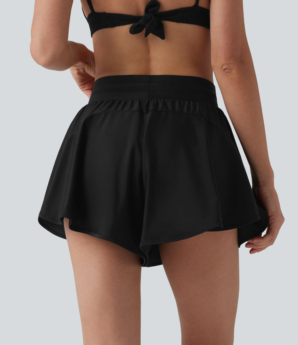 Short de bain 2 en 1 taille mi-haute ourlet arrondi fendu avec cordon de serrage et poches