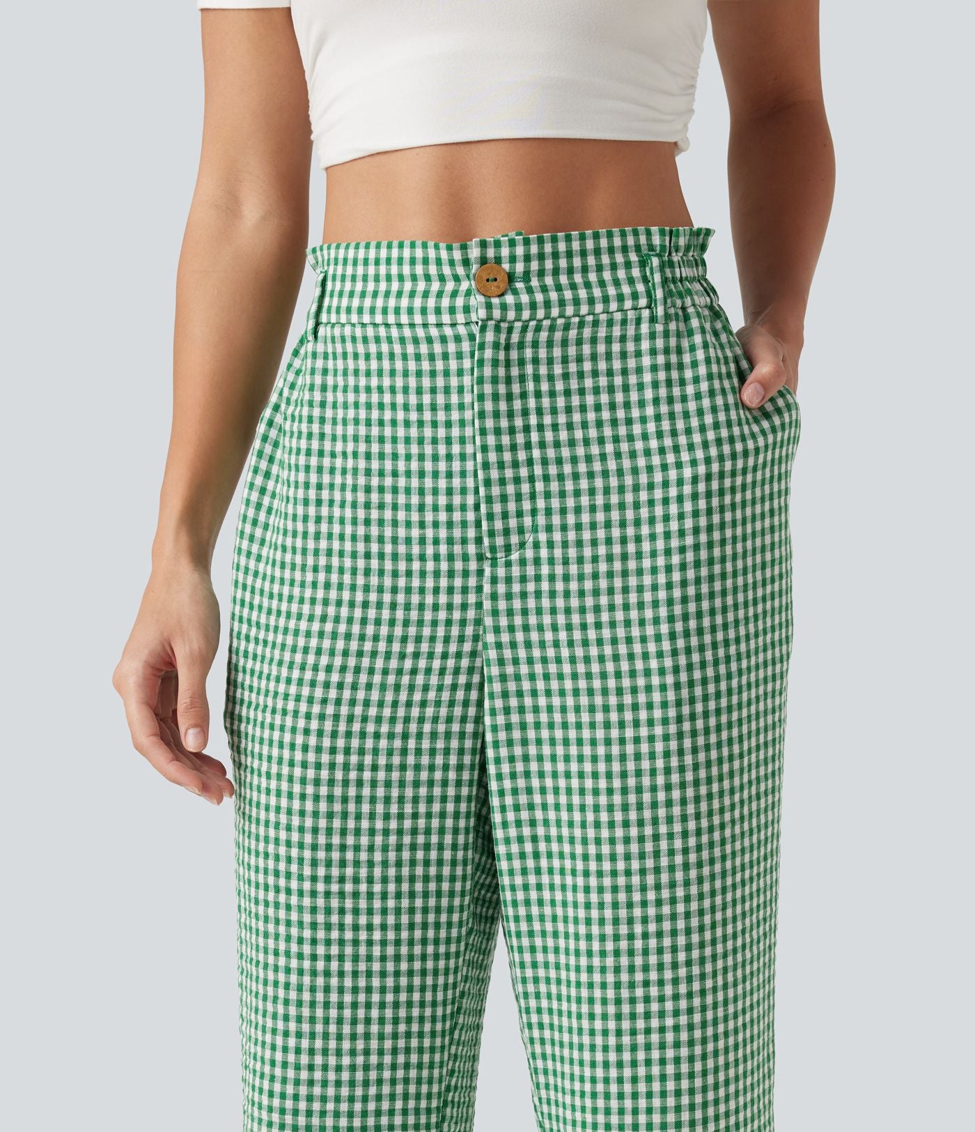 Pantalon 7/8 décontracté aspect lin à carreaux taille haute avec poches