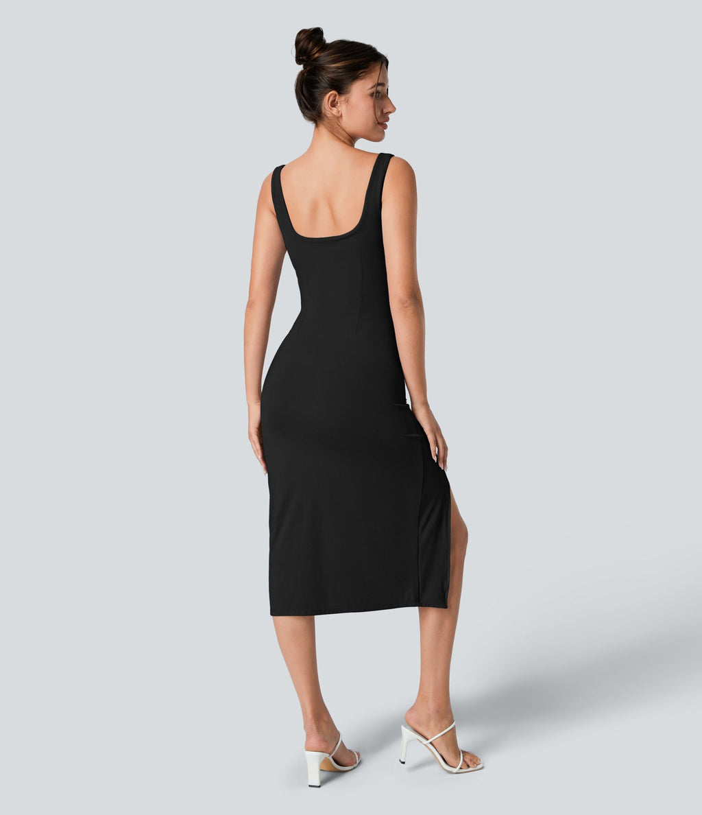 Robe corset midi moulante ruchée à encolure carrée, dos nu, brassière intégrée