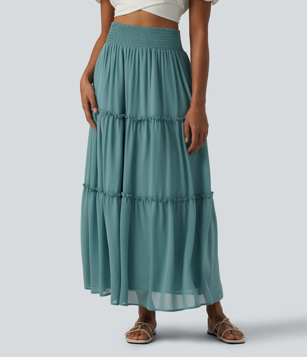 Jupe casual mi-longue à volants étagés et fronces taille haute