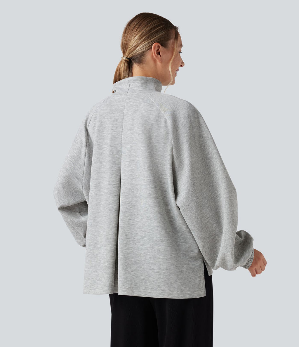 Sweat-shirt col montant à manches longues ourlet asymétrique avec poche