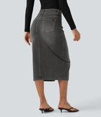 Halara Flex™ Jupe en Jean Casual Mi-Longue Délavé Extensible Plusieurs Poches Taille Haute