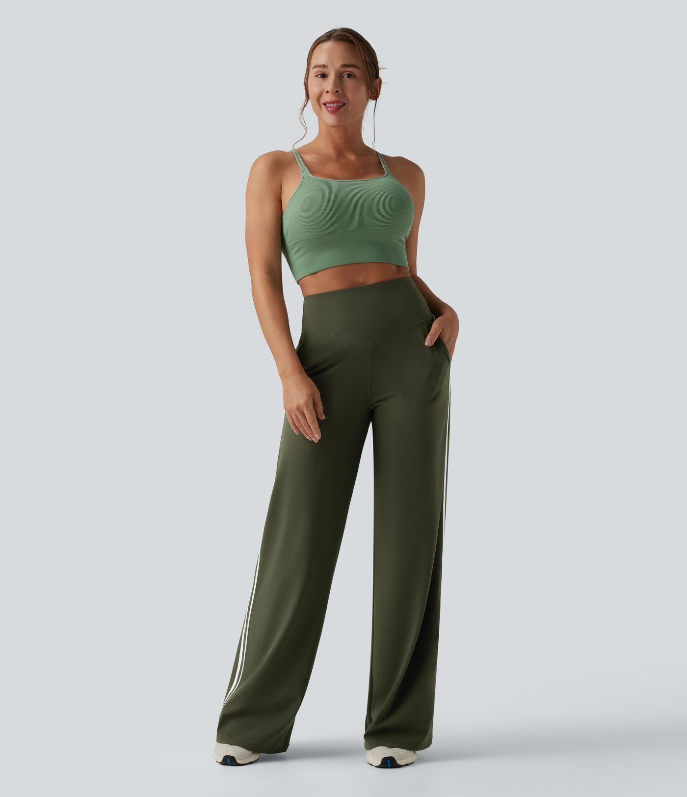 Pantalon ample yoga Halara UltraSculpt™ taille haute gainant à rayures color block avec poches