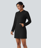 Robe active mini de randonnée maille côtelée à capuche manches longues avec poche