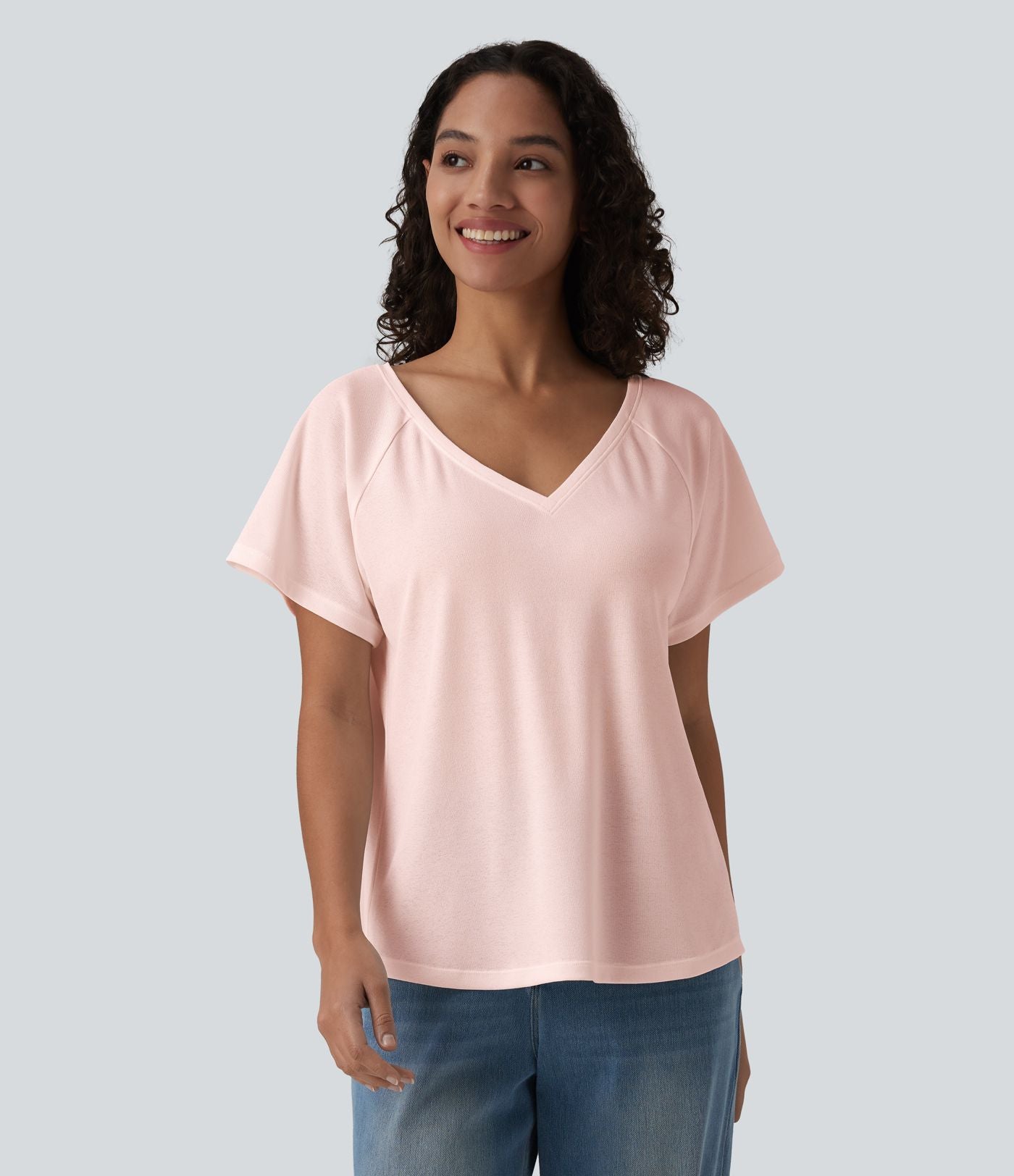 T-shirt casual col V manches raglan courtes coupe ample