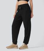 Jogging décontracté maille gaufrée taille haute avec cordon et poches