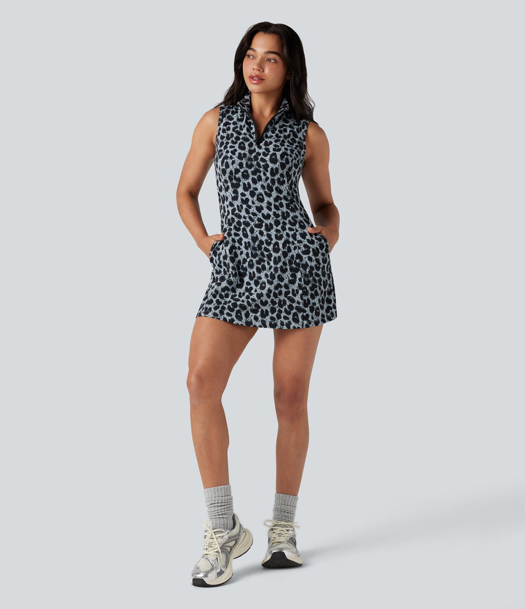 Robe de tennis active micro Halara UltraSculpt™ imprimé léopard col polo demi-fermeture éclair sans manches avec poches