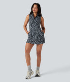 Robe de tennis active micro Halara UltraSculpt™ imprimé léopard col polo demi-fermeture éclair sans manches avec poches
