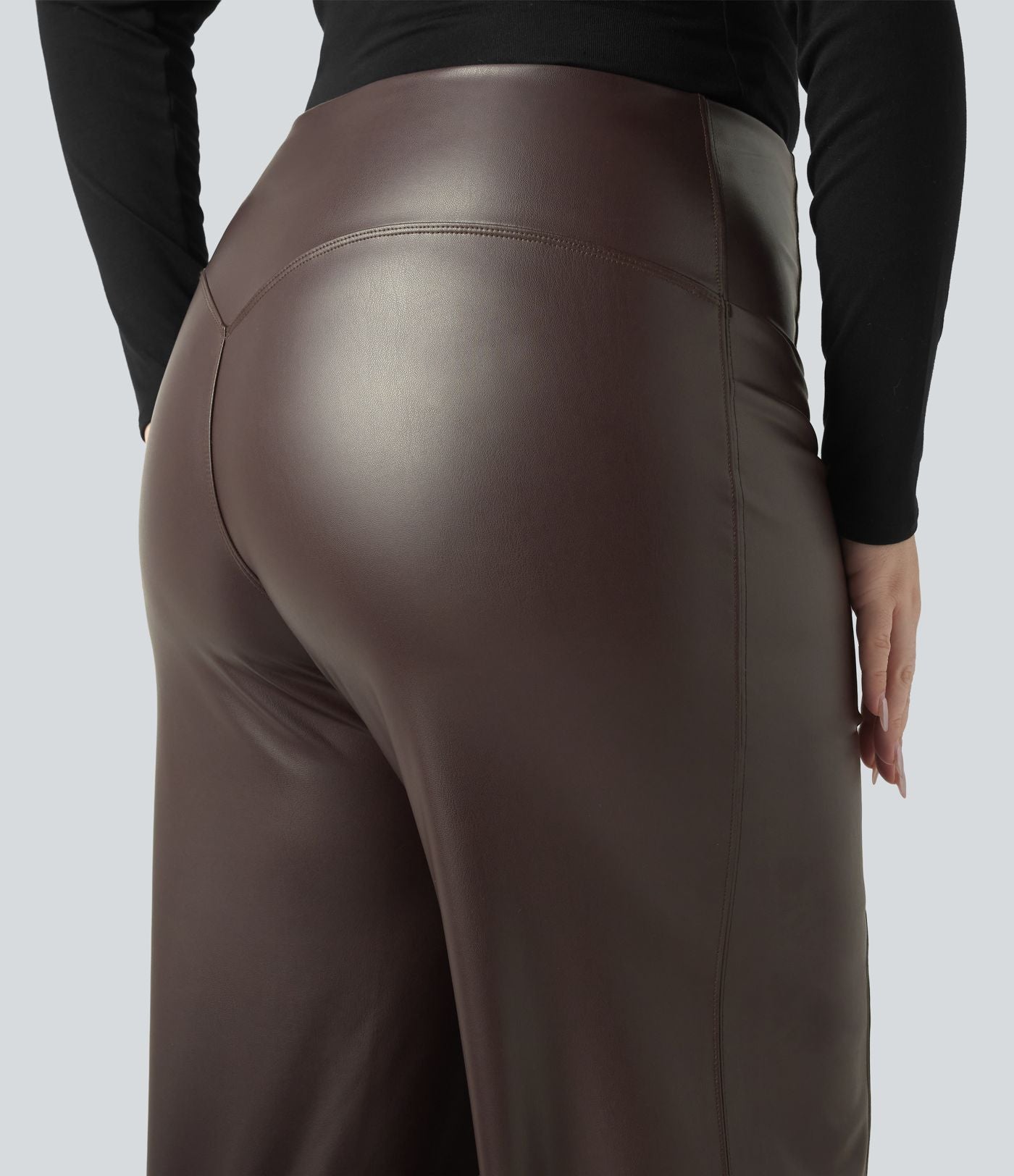 Pantalon flare grande taille en simili stretch doublé polaire, taille haute effet ventre plat avec poches