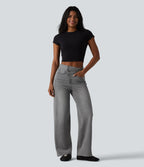 Jean baggy asymétrique Halara Flex™ taille haute effet délavé avec poches