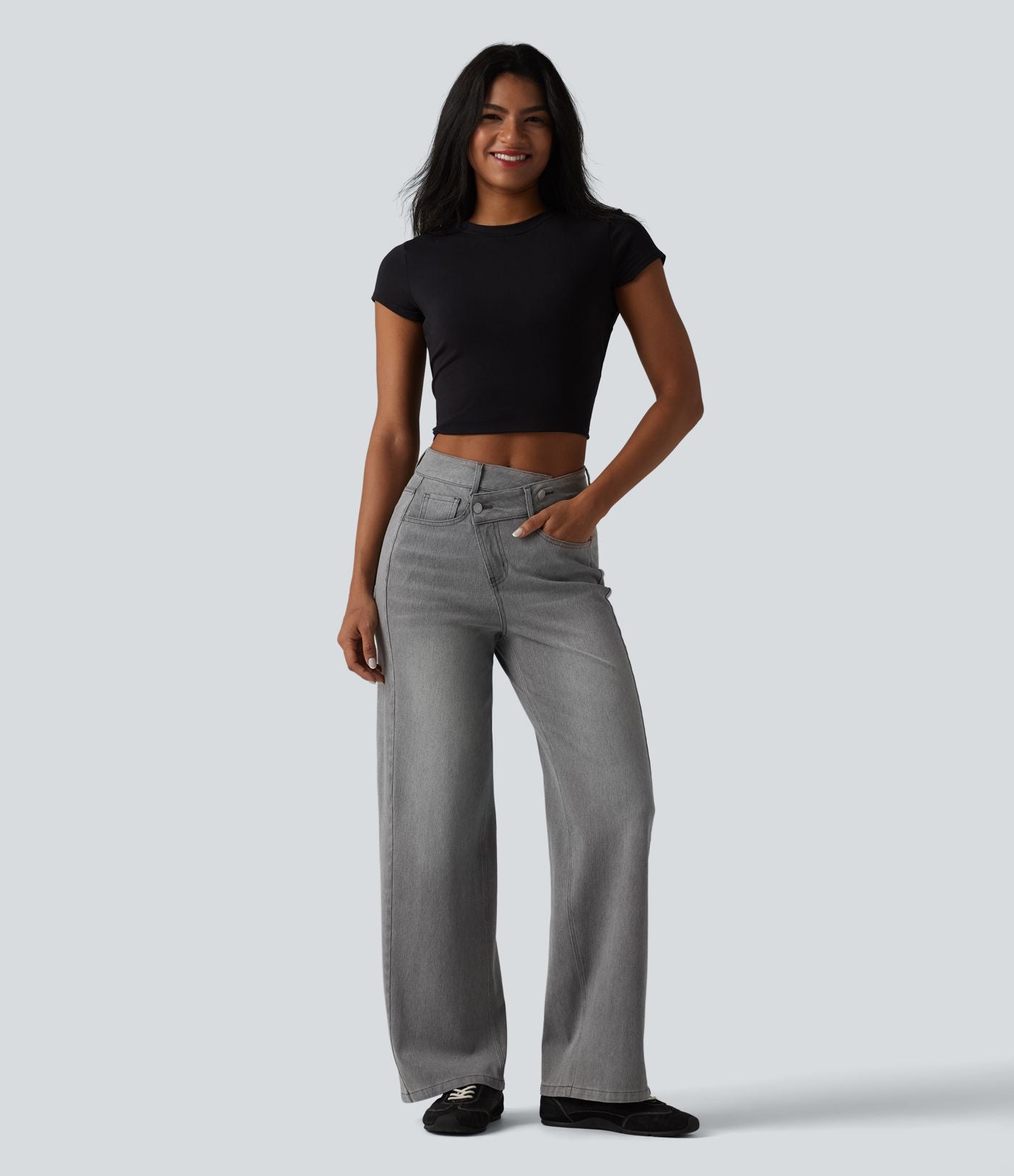 Jean baggy asymétrique Halara Flex™ taille haute effet délavé avec poches