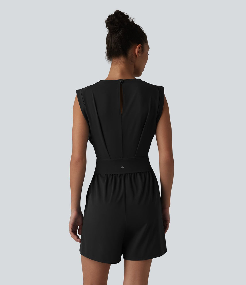 SoftlyZero™ QuickDry Combinaison-short yoga col rond sans manches avec découpe dos et poches — Easy Peasy
