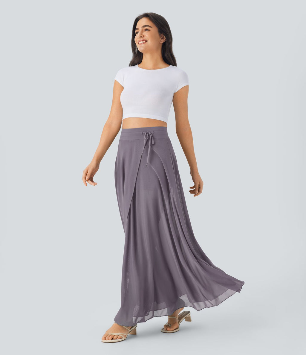 Jupe longue fluide 2-en-1 taille haute avec empiècements en résille