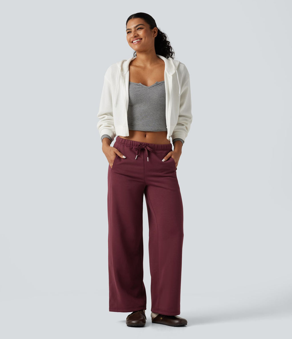 Pantalon de sport coupe droite en polaire, taille basse, cordon de serrage, à poches