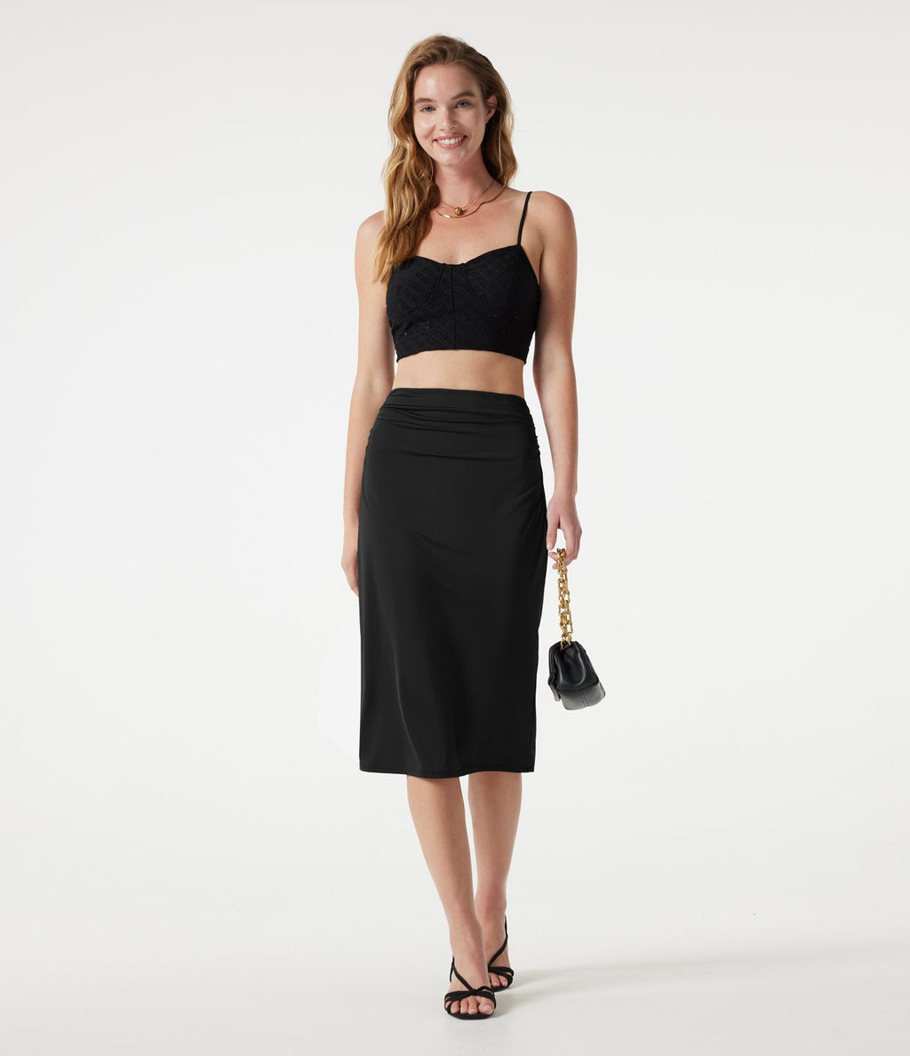 Jupe crayon midi décontracté taille haute extensible aspect satiné à effet frais InstantCool avec fronces