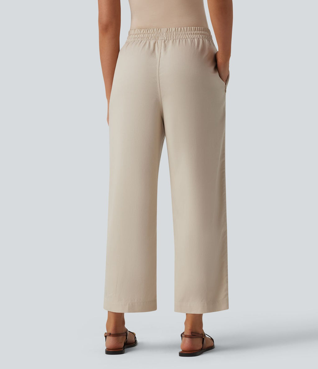 Pantalon casual fuselé en lin drapé taille haute avec cordon de serrage et poches