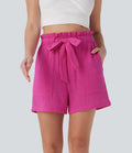 Short tailleur casual coton taille haute paper bag avec nœud devant et poches
