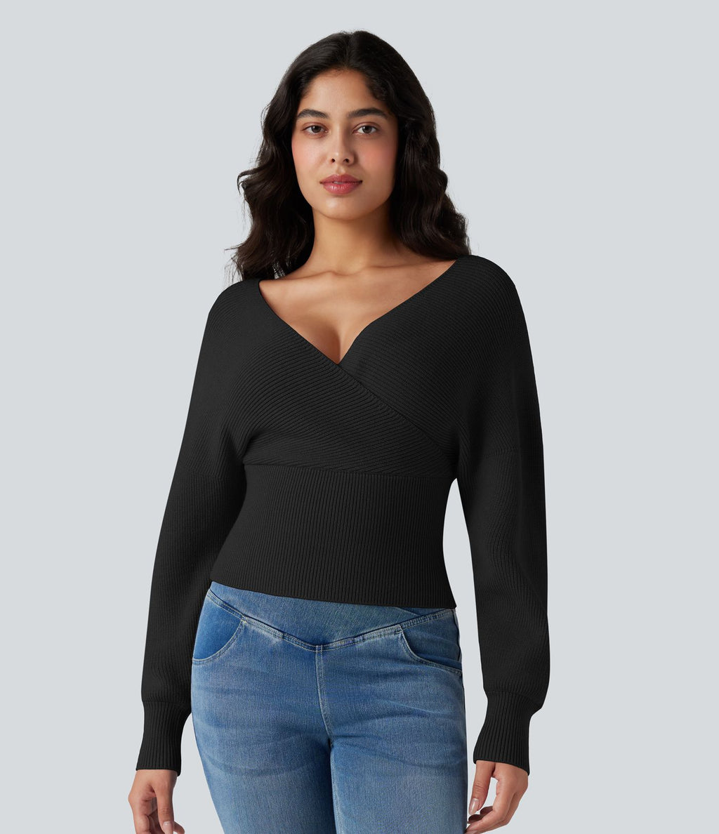 Pull col V manches chauve-souris longues à découpes
