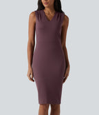 Robe midi tailleur sans manches col V ventre plat avec gainant intégré