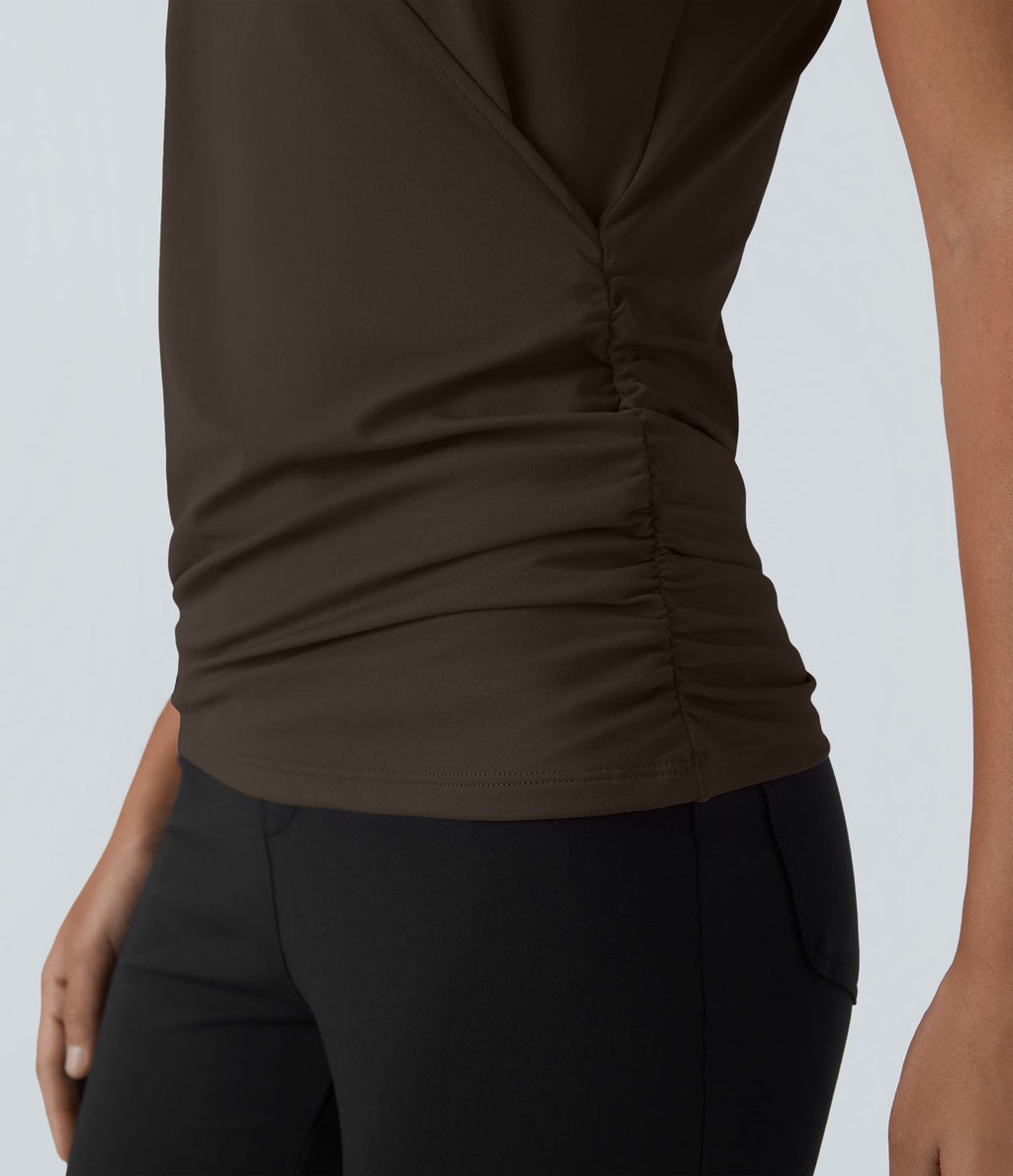 Blouse Travail Unie Froncée Croisée Manches Courtes Col en V