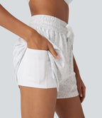Short de jogging 2-en-1 taille haute avec cordon à imprimé léopard et ourlet incurvé avec poches