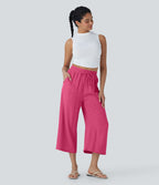 Pantalon décontracté aspect lin 7/8 à taille haute, jambe large avec cordon de serrage et poches latérales