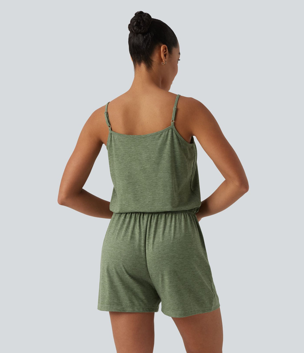 Combishort décontractée col U bretelles ajustables plissée avec brassière intégrée et poches - Easy Peasy