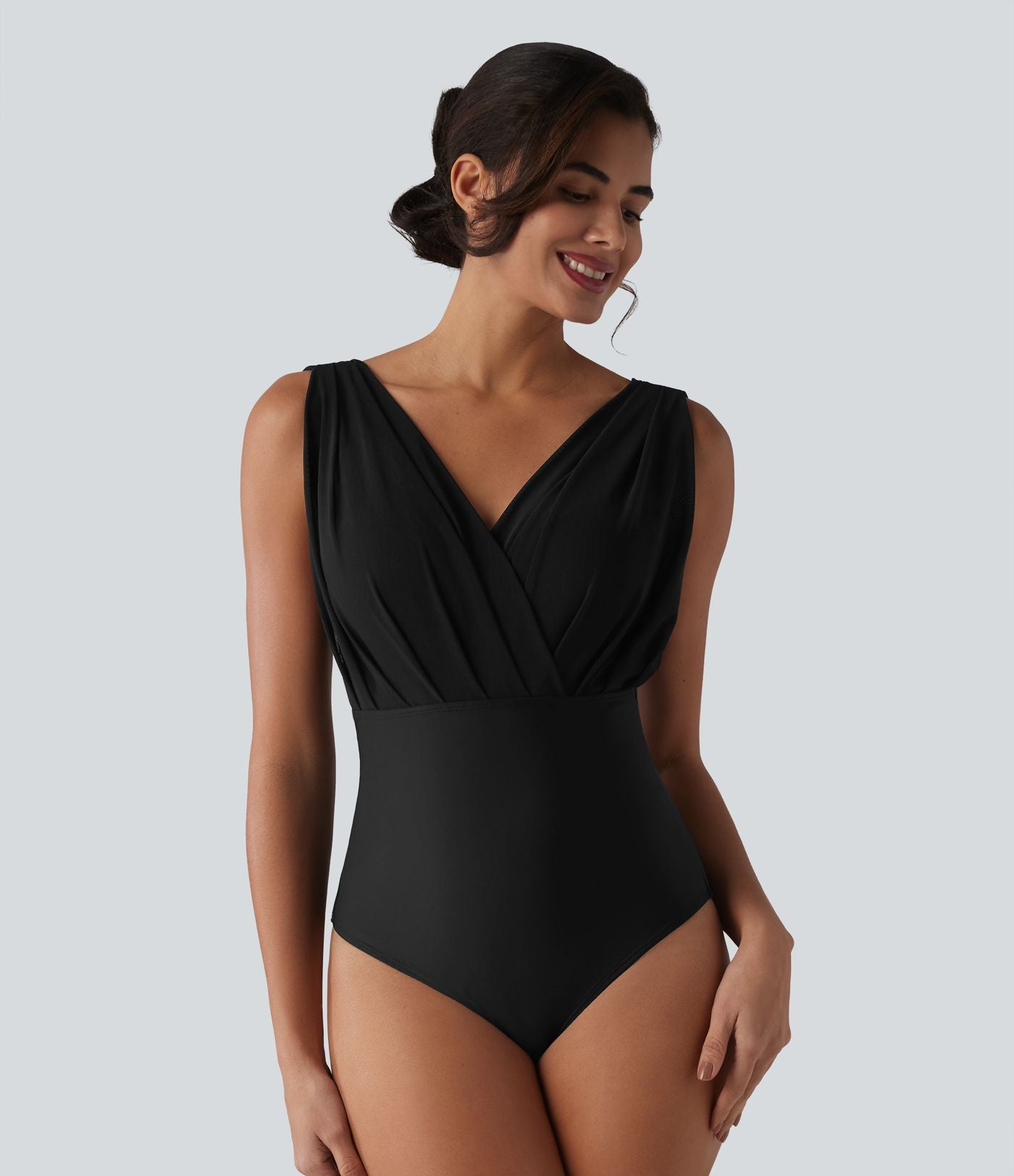 Maillot de bain une pièce col V sans manches ventre plat soutien-gorge intégré