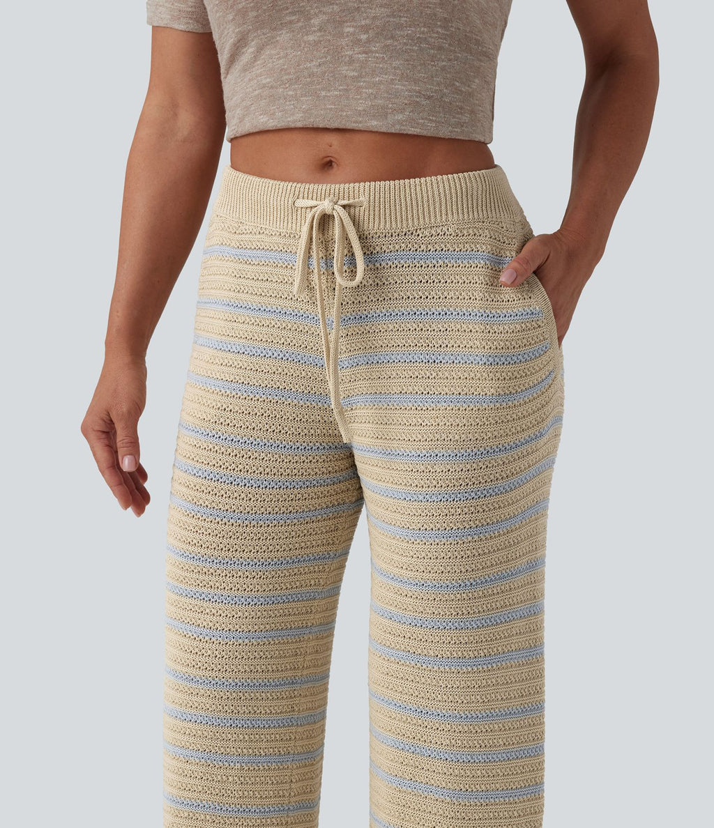 Pantalon pull ample décontracté taille basse avec cordon de serrage color block rayures avec poches