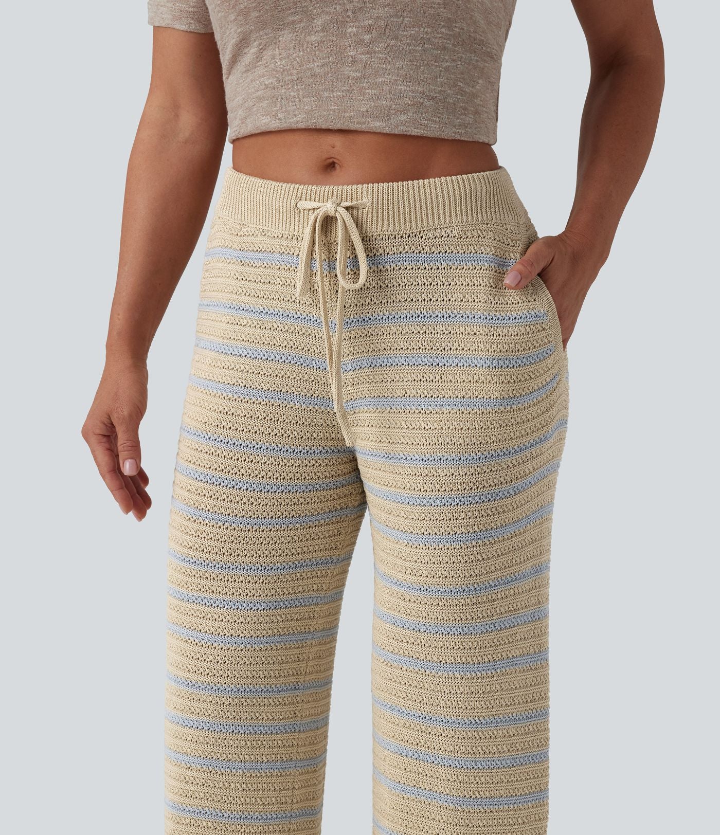 Pantalon pull ample décontracté taille basse avec cordon de serrage color block rayures avec poches