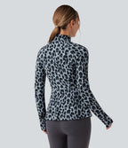 Veste décontractée Halara UltraSculpt™ imprimé léopard col montant manches longues avec trous pour pouces et poches