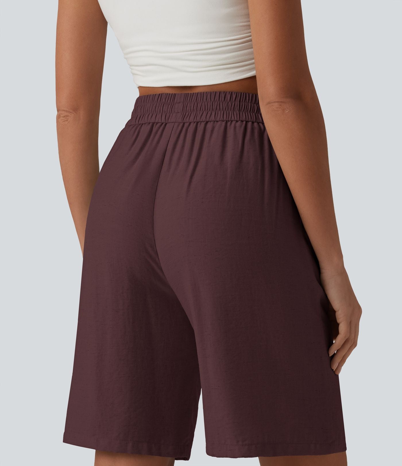 Short décontracté taille haute en lin mélangé avec cordon de serrage et poches, 25 cm