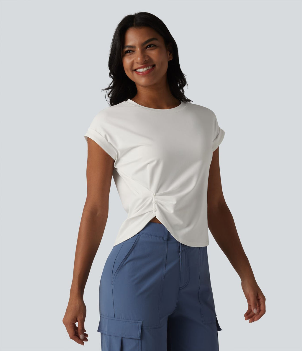 T-shirt casual col rond manches courtes avec ourlet incurvé et fentes latérales