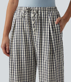 Pantalon large décontracté à carreaux taille mi-haute avec cordon de serrage et poches