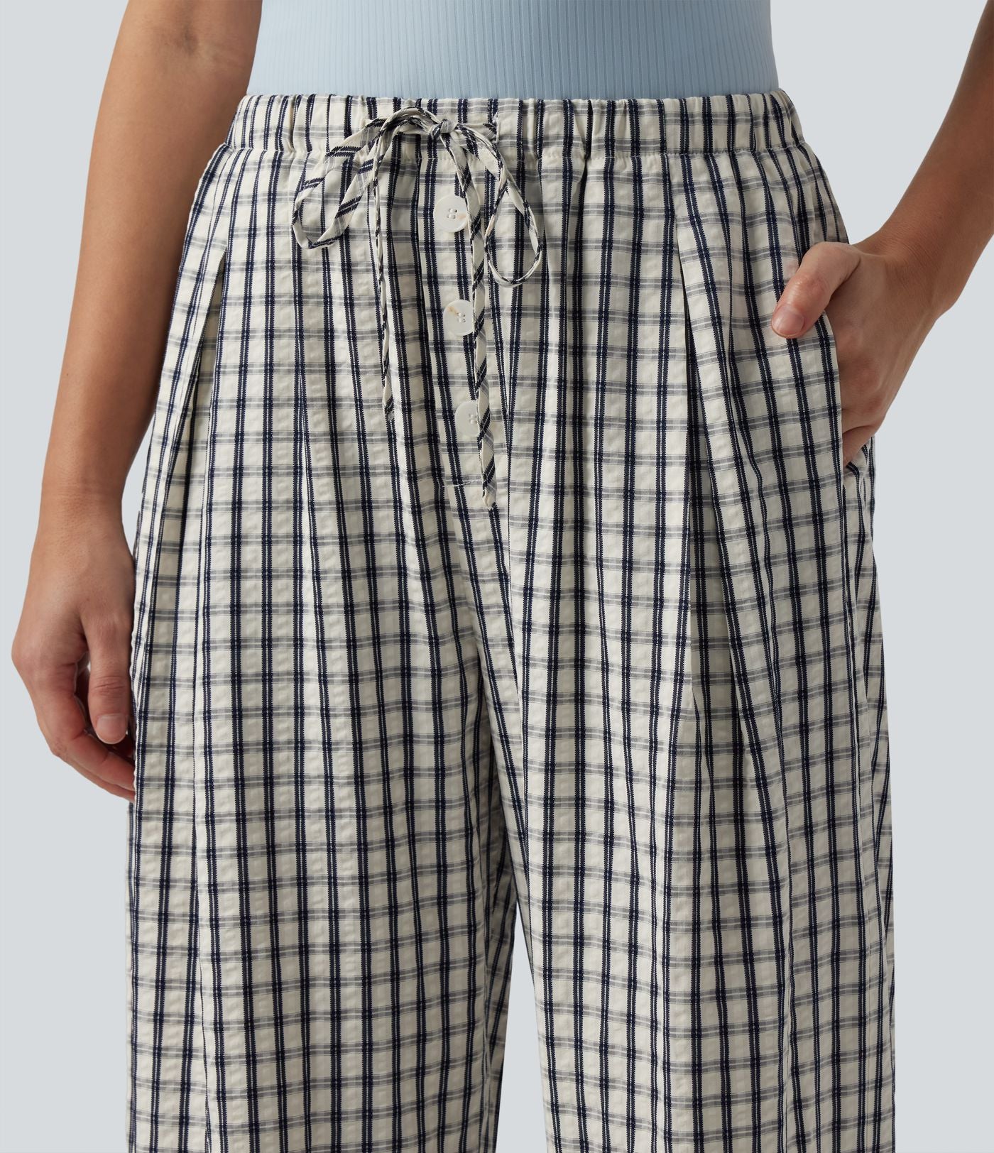 Pantalon large décontracté à carreaux taille mi-haute avec cordon de serrage et poches