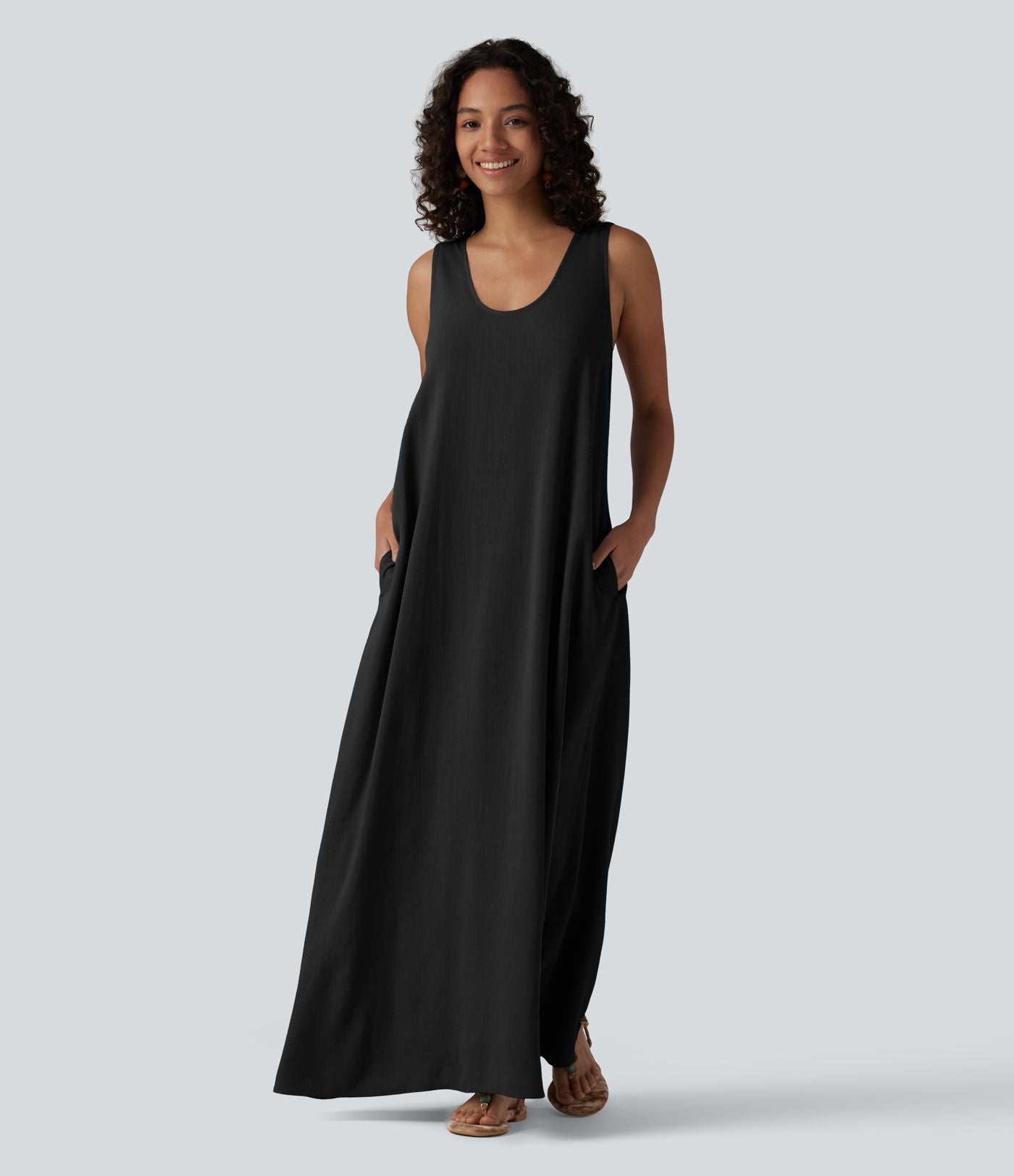 Robe maxi fluide de vacances en mélange de lin col U sans manches dos torsadé à poches