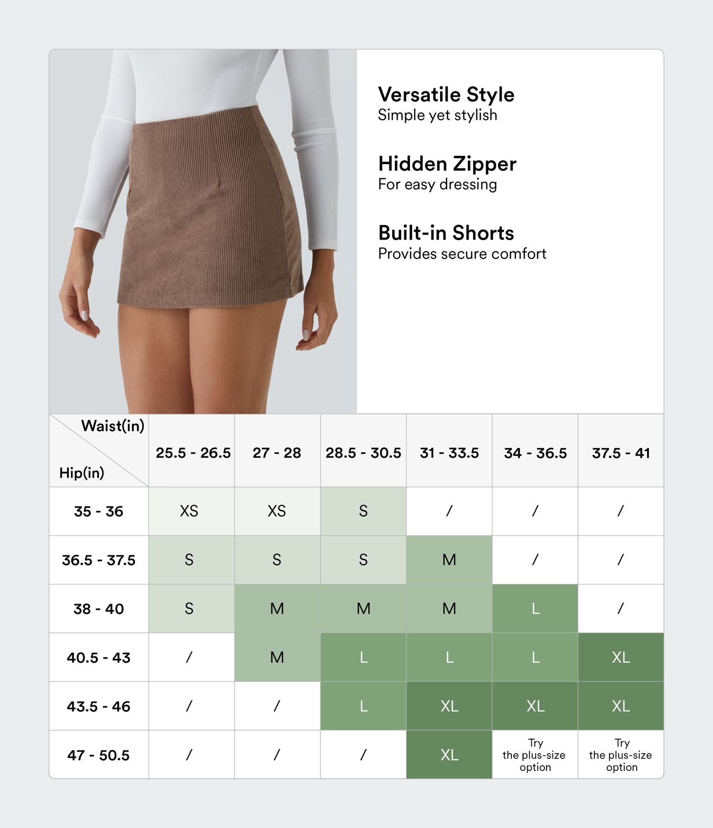Mini-Jupe Casual en Velours Côtelé 2 en 1 Fermeture Éclair Invisible Taille Haute